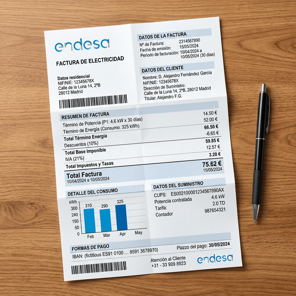 Factura Endesa con datos ficticios